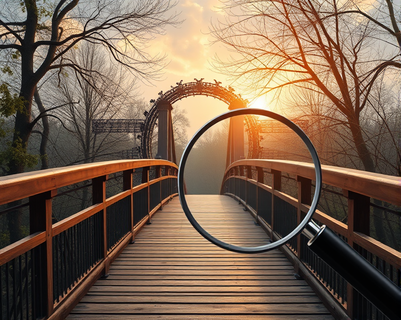 bridge, magnifying glass, wreath